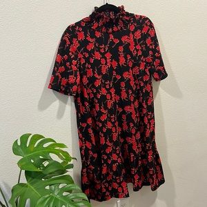 Zara Floral Ruched Mock Neck Dress Black & Red Size M *NWT*